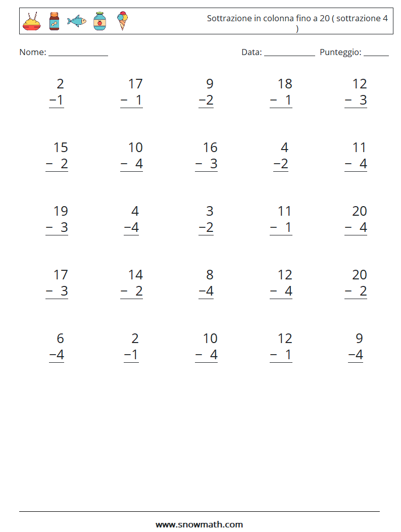 (25) Sottrazione in colonna fino a 20 ( sottrazione 4 ) Fogli di lavoro di matematica 18