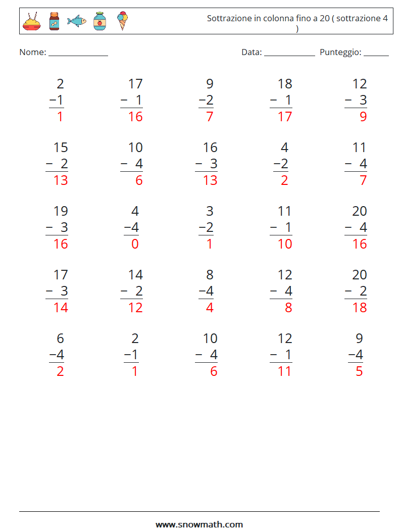 (25) Sottrazione in colonna fino a 20 ( sottrazione 4 ) Fogli di lavoro di matematica 18 Domanda, Risposta
