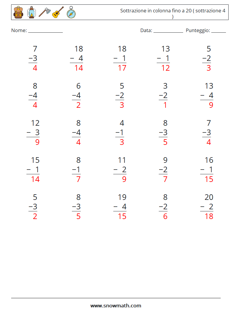 (25) Sottrazione in colonna fino a 20 ( sottrazione 4 ) Fogli di lavoro di matematica 1 Domanda, Risposta