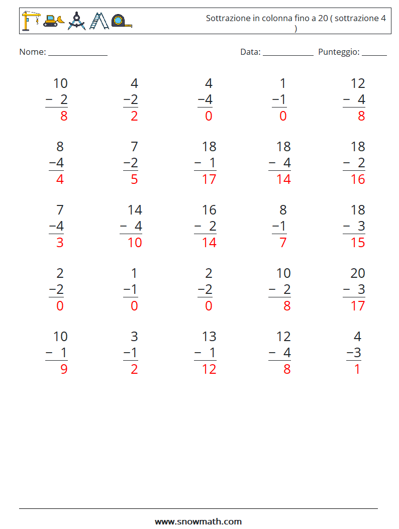 (25) Sottrazione in colonna fino a 20 ( sottrazione 4 ) Fogli di lavoro di matematica 2 Domanda, Risposta