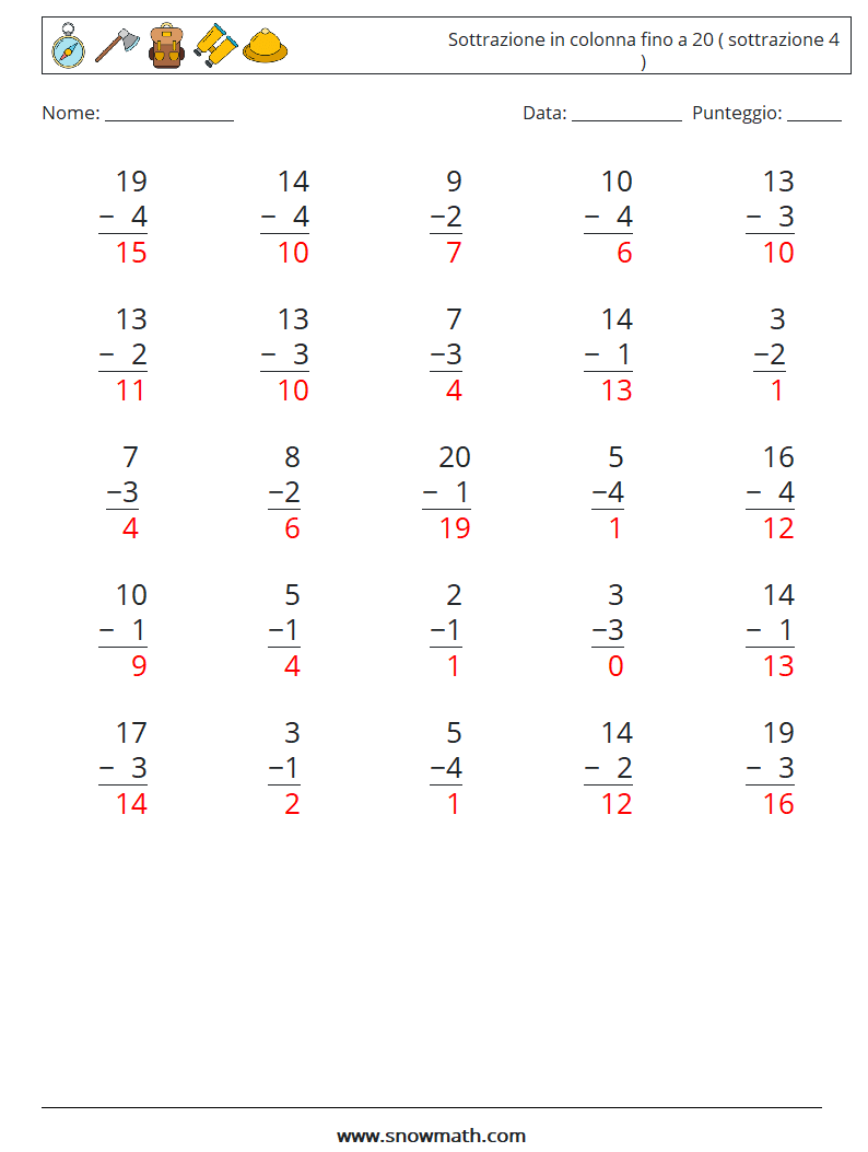 (25) Sottrazione in colonna fino a 20 ( sottrazione 4 ) Fogli di lavoro di matematica 3 Domanda, Risposta