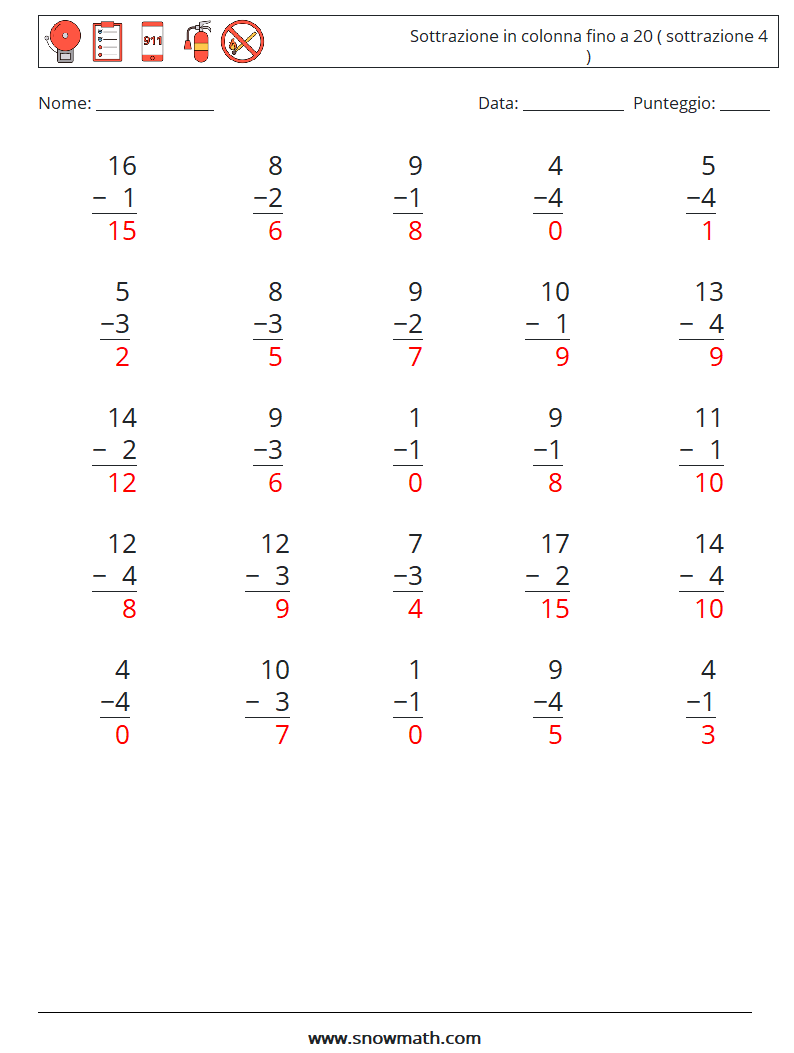 (25) Sottrazione in colonna fino a 20 ( sottrazione 4 ) Fogli di lavoro di matematica 4 Domanda, Risposta