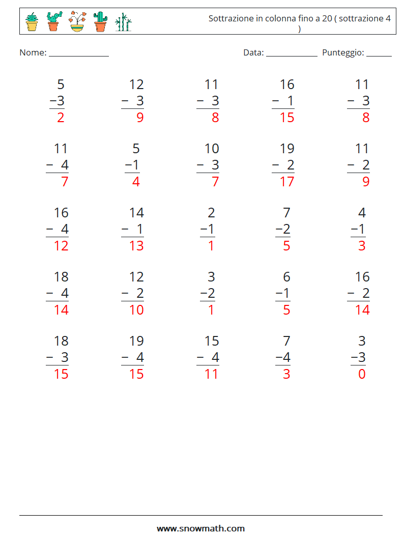 (25) Sottrazione in colonna fino a 20 ( sottrazione 4 ) Fogli di lavoro di matematica 5 Domanda, Risposta