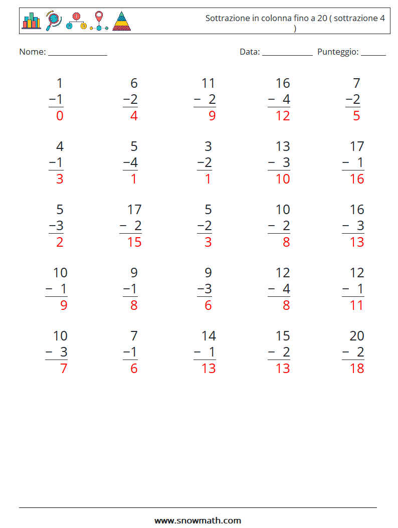 (25) Sottrazione in colonna fino a 20 ( sottrazione 4 ) Fogli di lavoro di matematica 6 Domanda, Risposta
