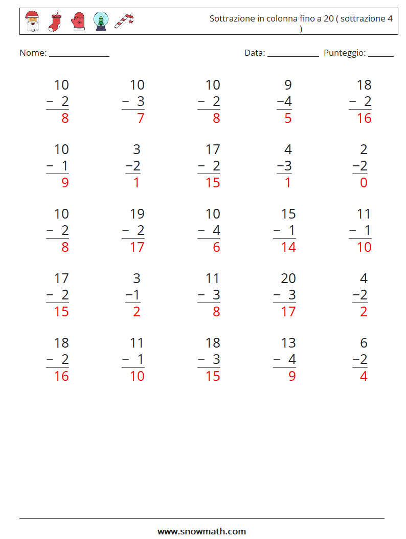 (25) Sottrazione in colonna fino a 20 ( sottrazione 4 ) Fogli di lavoro di matematica 7 Domanda, Risposta