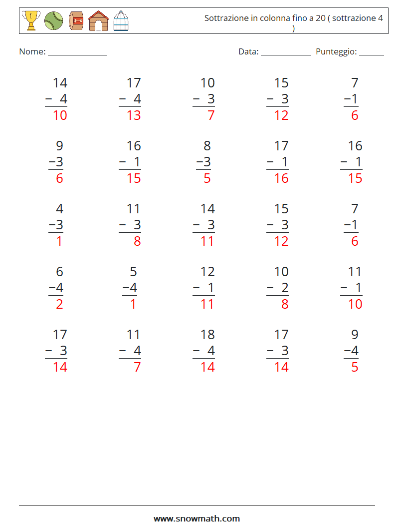 (25) Sottrazione in colonna fino a 20 ( sottrazione 4 ) Fogli di lavoro di matematica 8 Domanda, Risposta