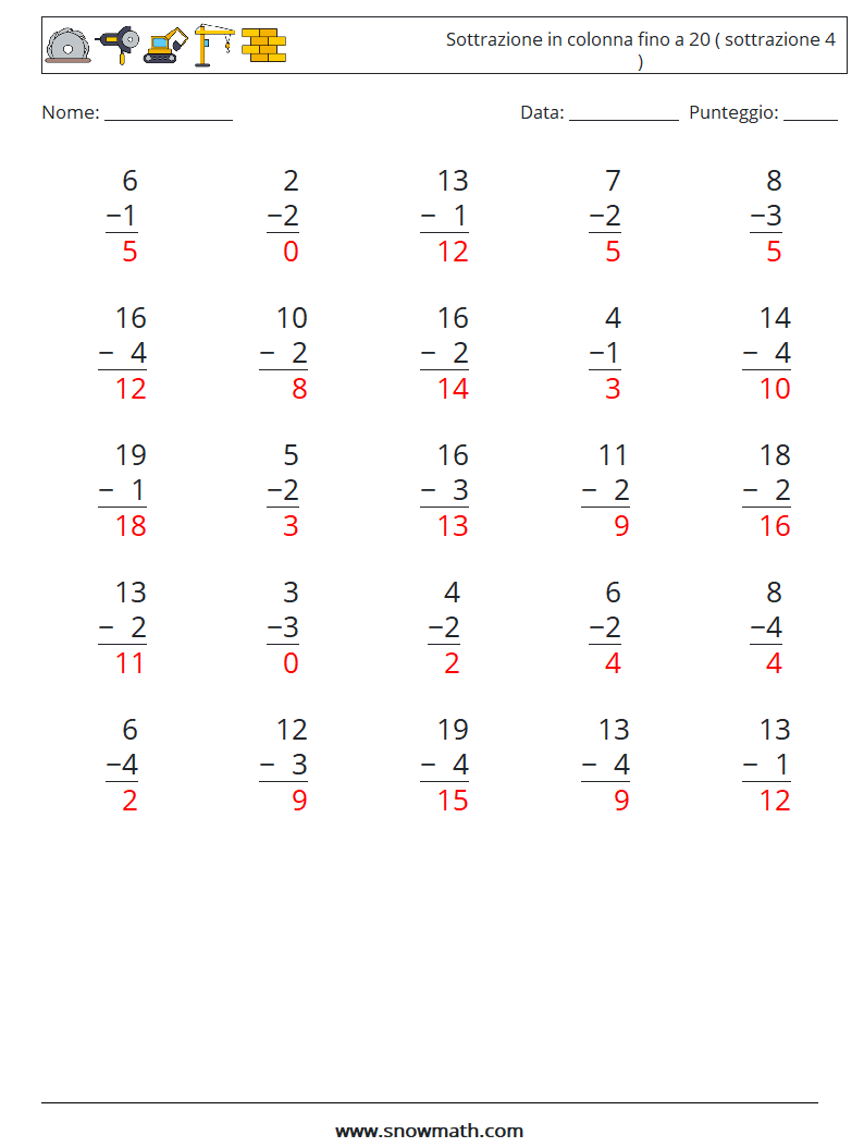 (25) Sottrazione in colonna fino a 20 ( sottrazione 4 ) Fogli di lavoro di matematica 9 Domanda, Risposta