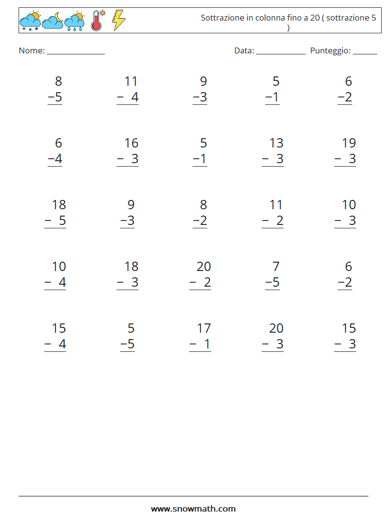 (25) Sottrazione in colonna fino a 20 ( sottrazione 5 ) Fogli di lavoro di matematica 12