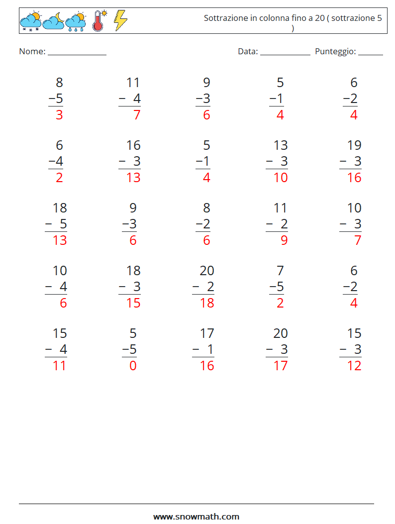 (25) Sottrazione in colonna fino a 20 ( sottrazione 5 ) Fogli di lavoro di matematica 12 Domanda, Risposta