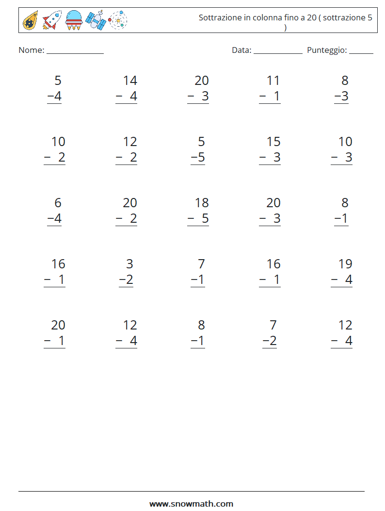 (25) Sottrazione in colonna fino a 20 ( sottrazione 5 ) Fogli di lavoro di matematica 13