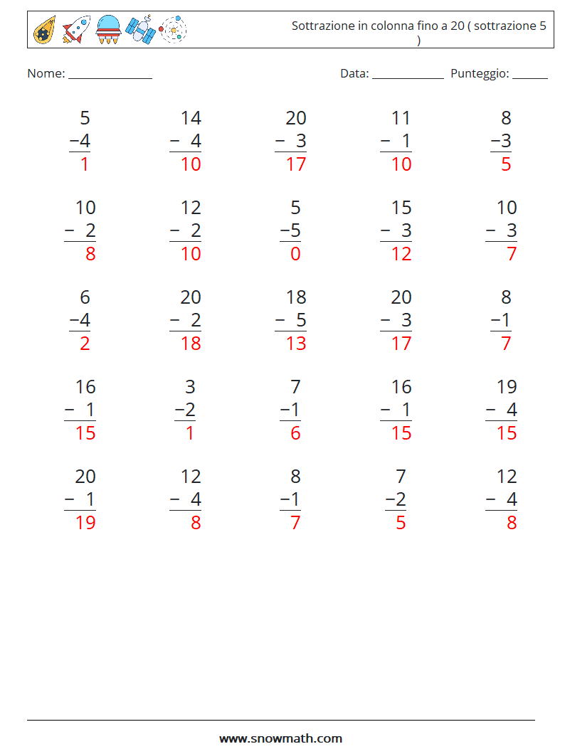 (25) Sottrazione in colonna fino a 20 ( sottrazione 5 ) Fogli di lavoro di matematica 13 Domanda, Risposta