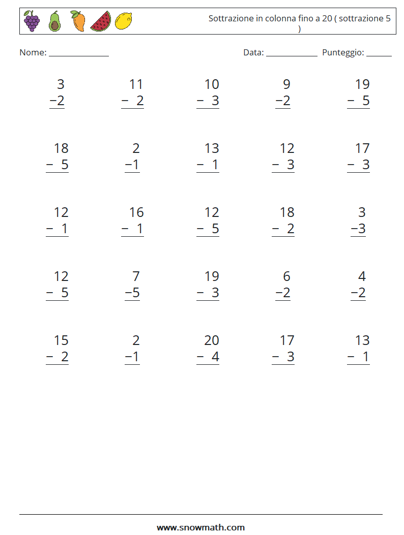 (25) Sottrazione in colonna fino a 20 ( sottrazione 5 ) Fogli di lavoro di matematica 14