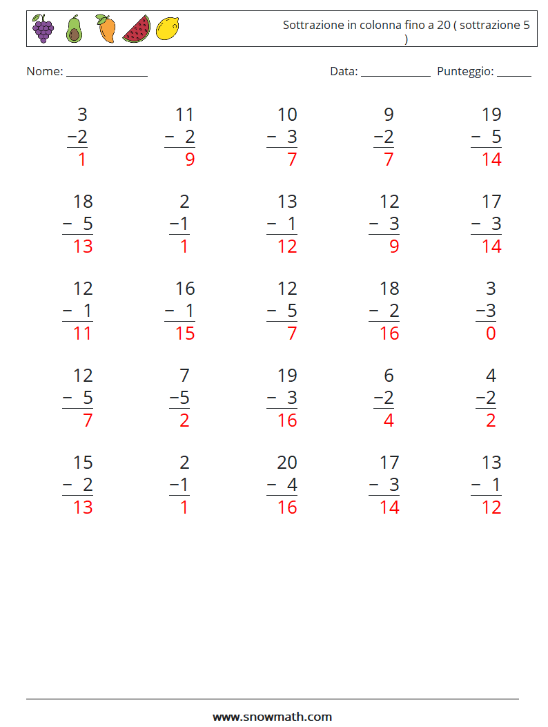 (25) Sottrazione in colonna fino a 20 ( sottrazione 5 ) Fogli di lavoro di matematica 14 Domanda, Risposta