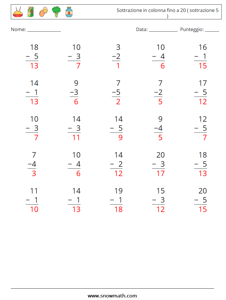 (25) Sottrazione in colonna fino a 20 ( sottrazione 5 ) Fogli di lavoro di matematica 15 Domanda, Risposta