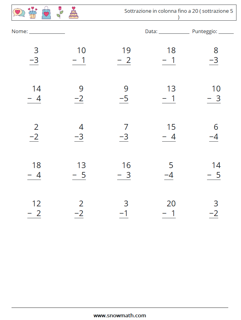 (25) Sottrazione in colonna fino a 20 ( sottrazione 5 ) Fogli di lavoro di matematica 17