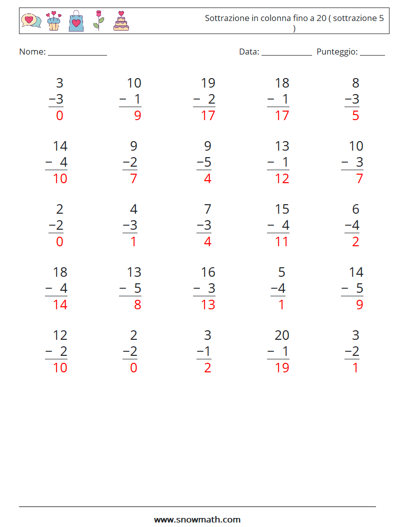 (25) Sottrazione in colonna fino a 20 ( sottrazione 5 ) Fogli di lavoro di matematica 17 Domanda, Risposta