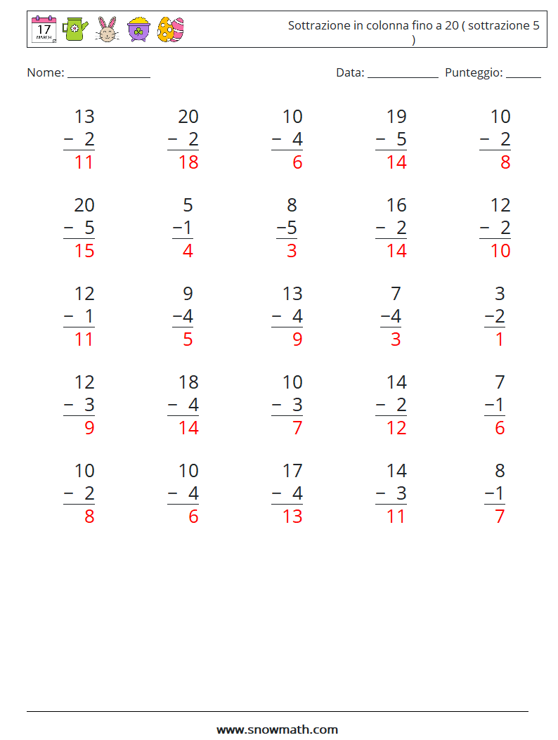 (25) Sottrazione in colonna fino a 20 ( sottrazione 5 ) Fogli di lavoro di matematica 1 Domanda, Risposta
