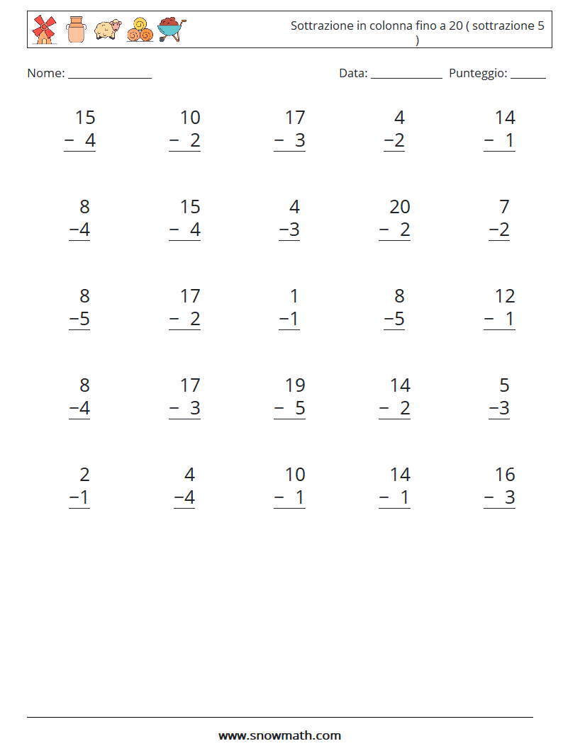 (25) Sottrazione in colonna fino a 20 ( sottrazione 5 ) Fogli di lavoro di matematica 2
