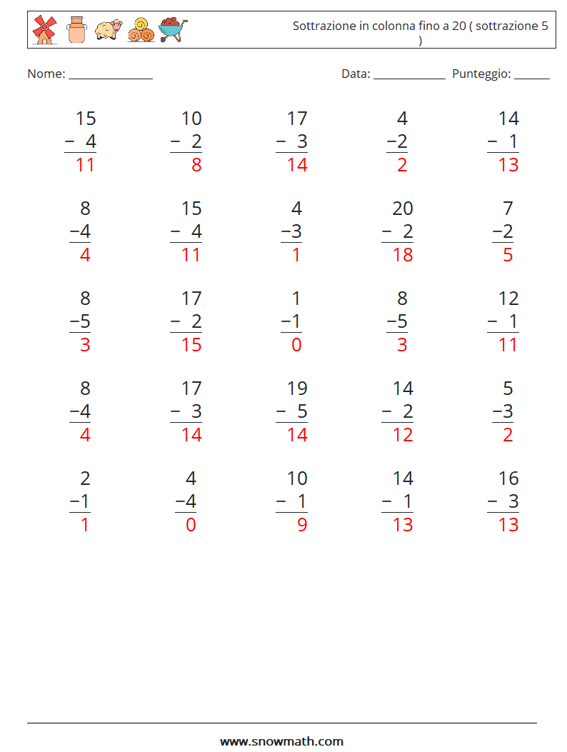 (25) Sottrazione in colonna fino a 20 ( sottrazione 5 ) Fogli di lavoro di matematica 2 Domanda, Risposta