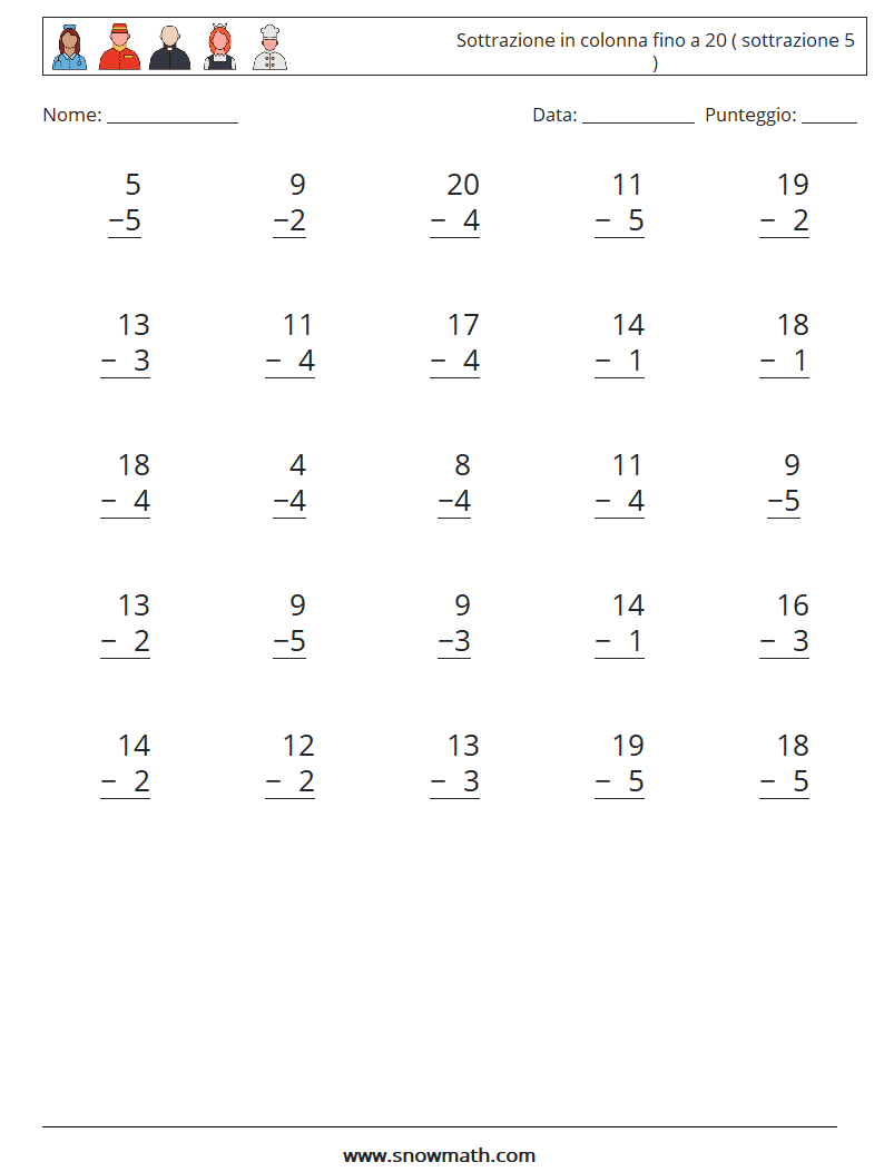 (25) Sottrazione in colonna fino a 20 ( sottrazione 5 ) Fogli di lavoro di matematica 3