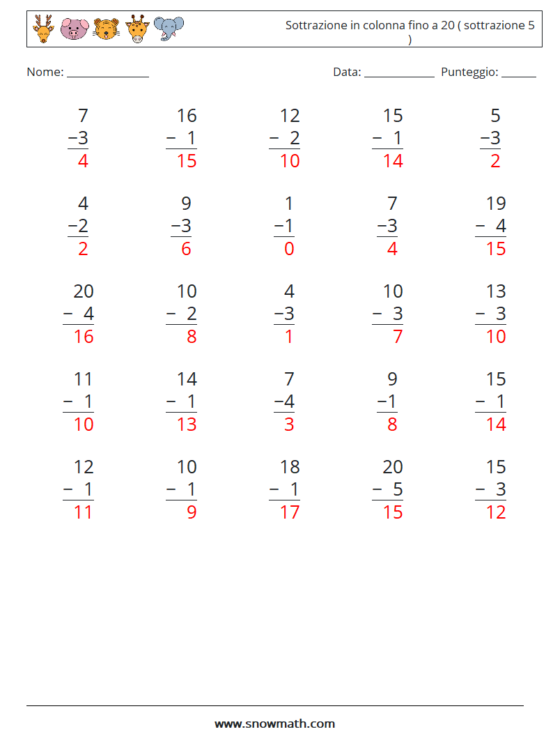 (25) Sottrazione in colonna fino a 20 ( sottrazione 5 ) Fogli di lavoro di matematica 4 Domanda, Risposta