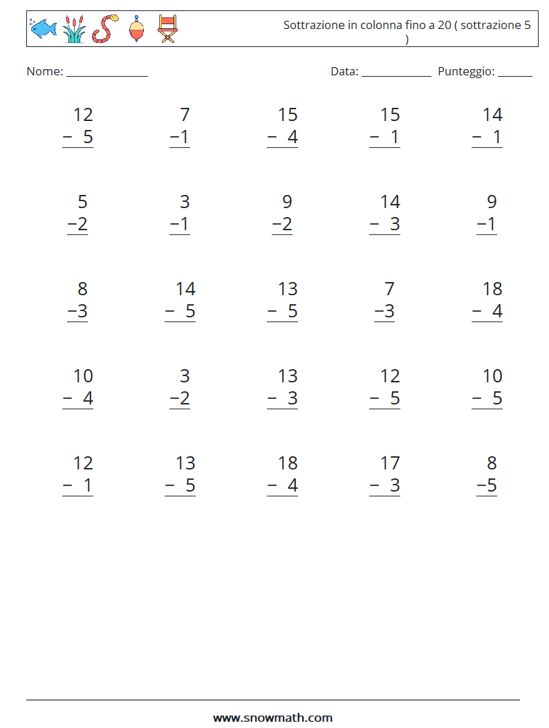 (25) Sottrazione in colonna fino a 20 ( sottrazione 5 ) Fogli di lavoro di matematica 5