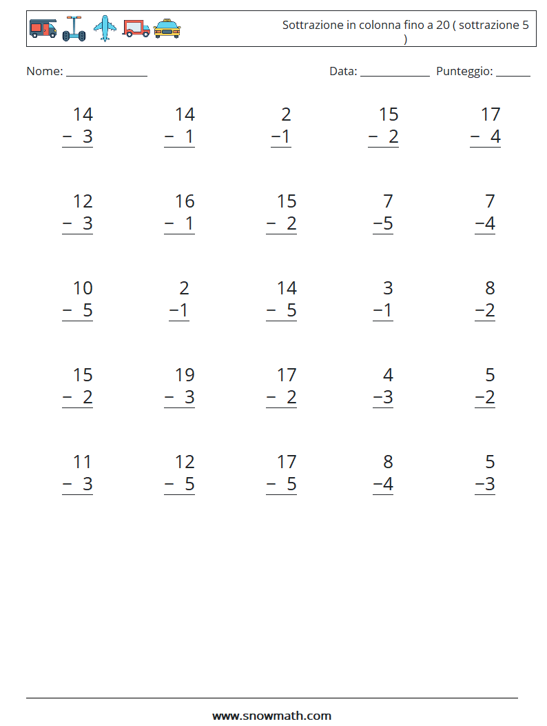 (25) Sottrazione in colonna fino a 20 ( sottrazione 5 ) Fogli di lavoro di matematica 6