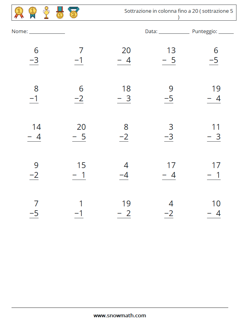 (25) Sottrazione in colonna fino a 20 ( sottrazione 5 ) Fogli di lavoro di matematica 7
