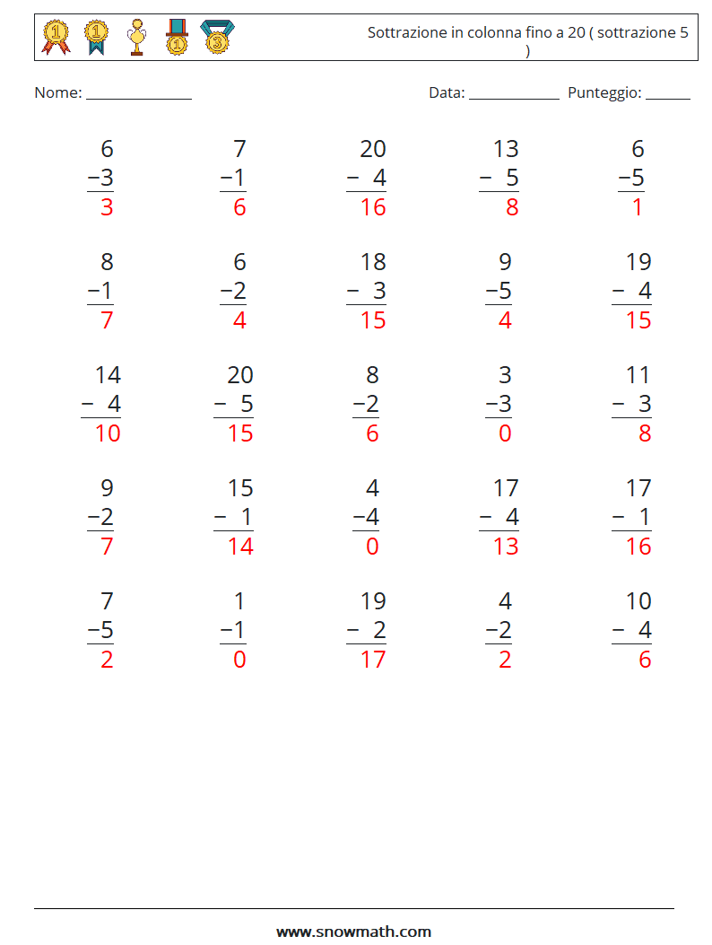 (25) Sottrazione in colonna fino a 20 ( sottrazione 5 ) Fogli di lavoro di matematica 7 Domanda, Risposta