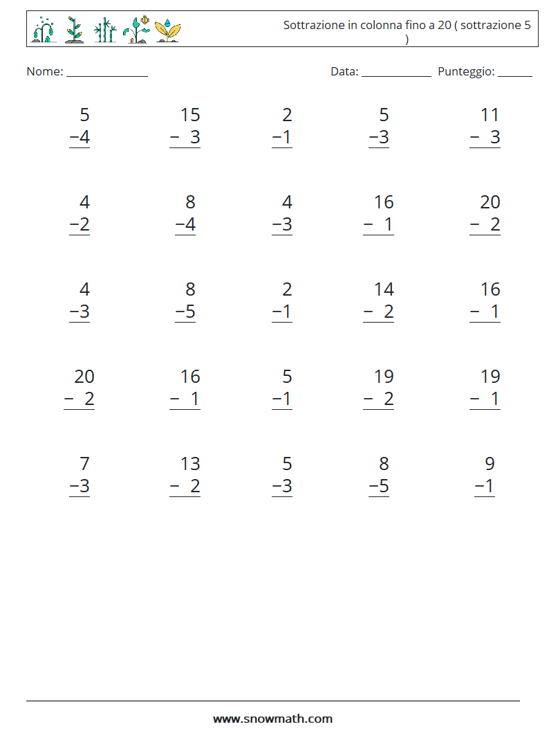 (25) Sottrazione in colonna fino a 20 ( sottrazione 5 ) Fogli di lavoro di matematica 8