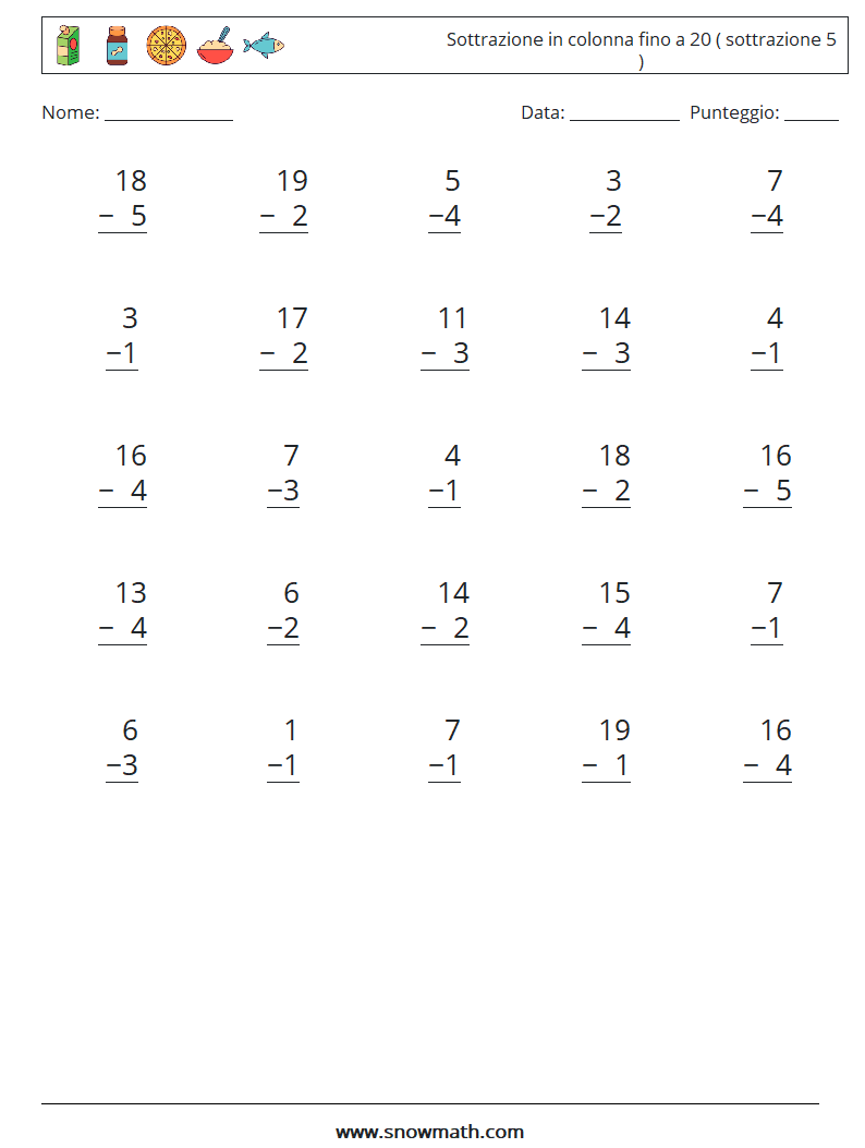 (25) Sottrazione in colonna fino a 20 ( sottrazione 5 ) Fogli di lavoro di matematica 9