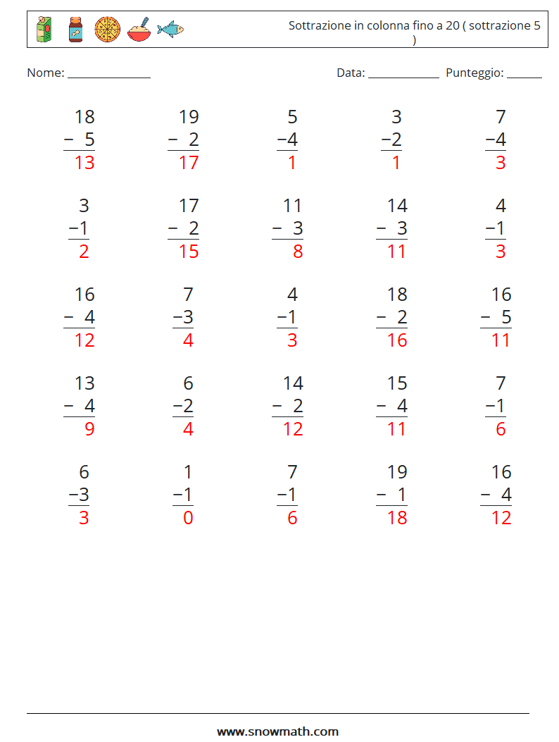 (25) Sottrazione in colonna fino a 20 ( sottrazione 5 ) Fogli di lavoro di matematica 9 Domanda, Risposta