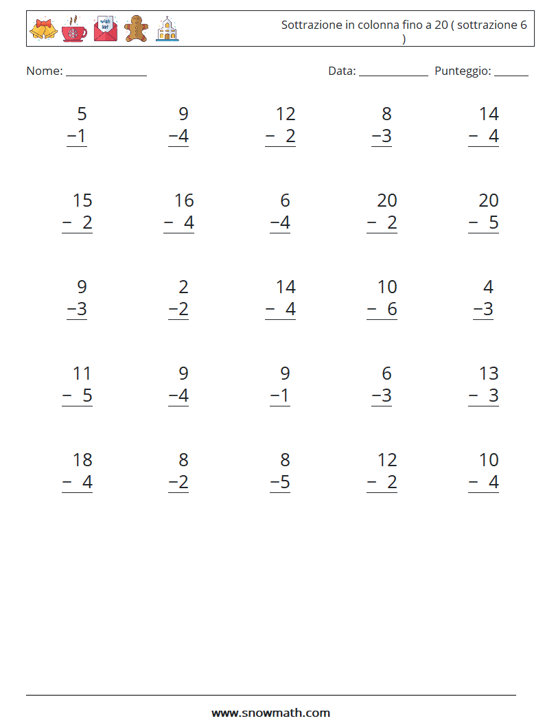 (25) Sottrazione in colonna fino a 20 ( sottrazione 6 ) Fogli di lavoro di matematica 10