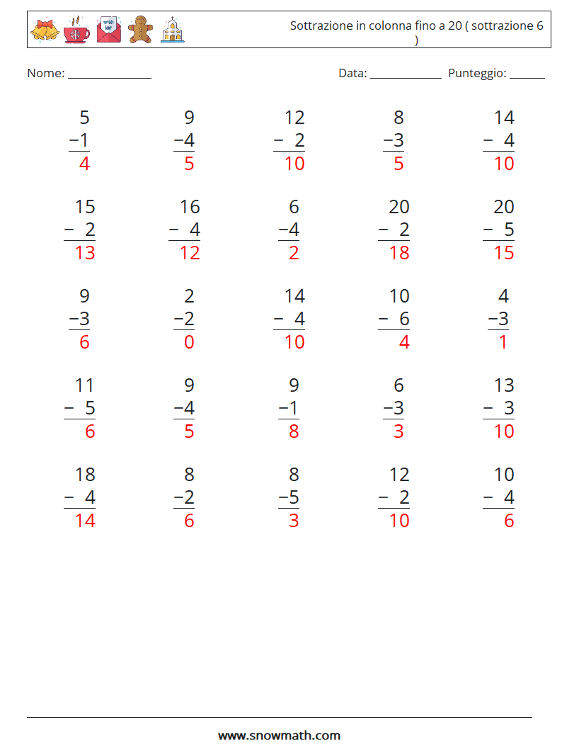(25) Sottrazione in colonna fino a 20 ( sottrazione 6 ) Fogli di lavoro di matematica 10 Domanda, Risposta