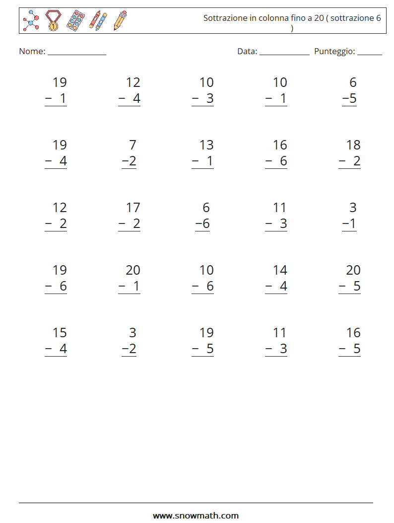 (25) Sottrazione in colonna fino a 20 ( sottrazione 6 ) Fogli di lavoro di matematica 11