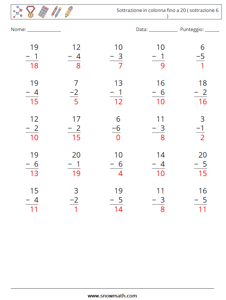 (25) Sottrazione in colonna fino a 20 ( sottrazione 6 ) Fogli di lavoro di matematica 11 Domanda, Risposta