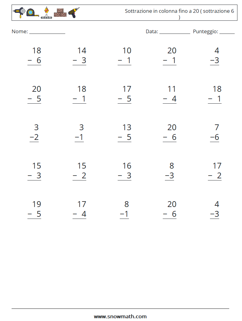 (25) Sottrazione in colonna fino a 20 ( sottrazione 6 ) Fogli di lavoro di matematica 12