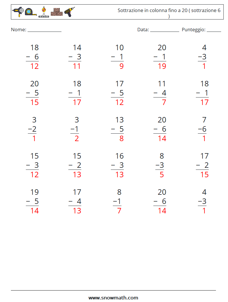 (25) Sottrazione in colonna fino a 20 ( sottrazione 6 ) Fogli di lavoro di matematica 12 Domanda, Risposta