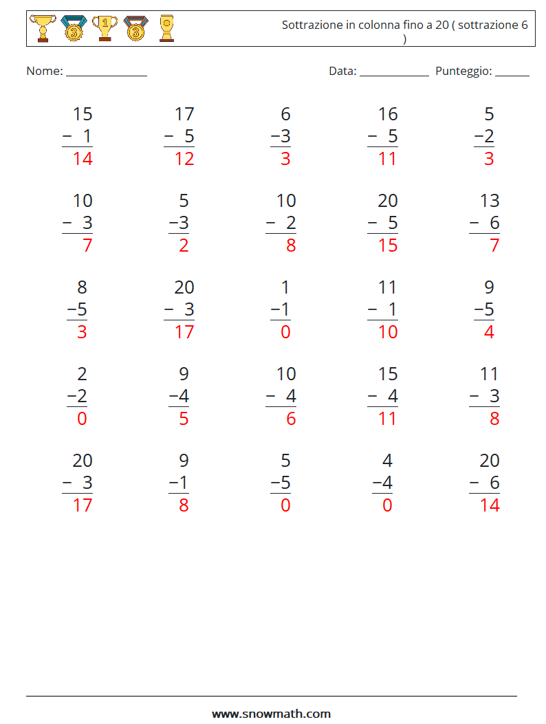 (25) Sottrazione in colonna fino a 20 ( sottrazione 6 ) Fogli di lavoro di matematica 13 Domanda, Risposta