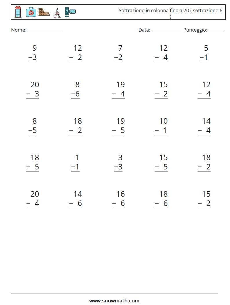(25) Sottrazione in colonna fino a 20 ( sottrazione 6 ) Fogli di lavoro di matematica 14
