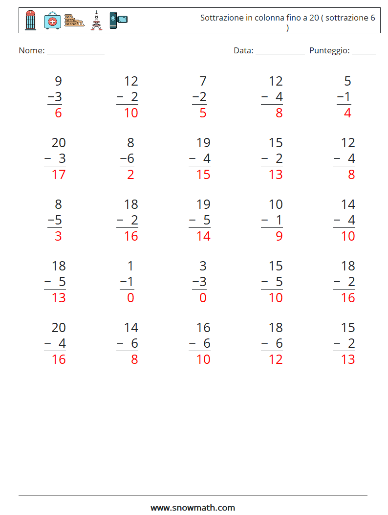 (25) Sottrazione in colonna fino a 20 ( sottrazione 6 ) Fogli di lavoro di matematica 14 Domanda, Risposta