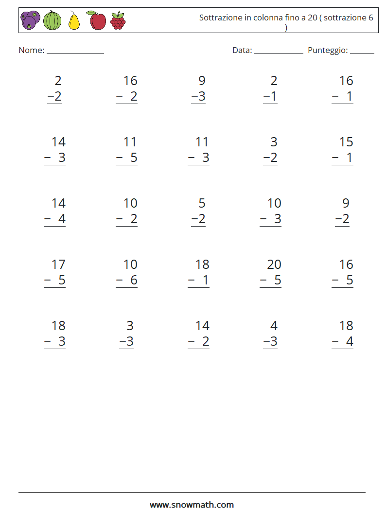 (25) Sottrazione in colonna fino a 20 ( sottrazione 6 ) Fogli di lavoro di matematica 15