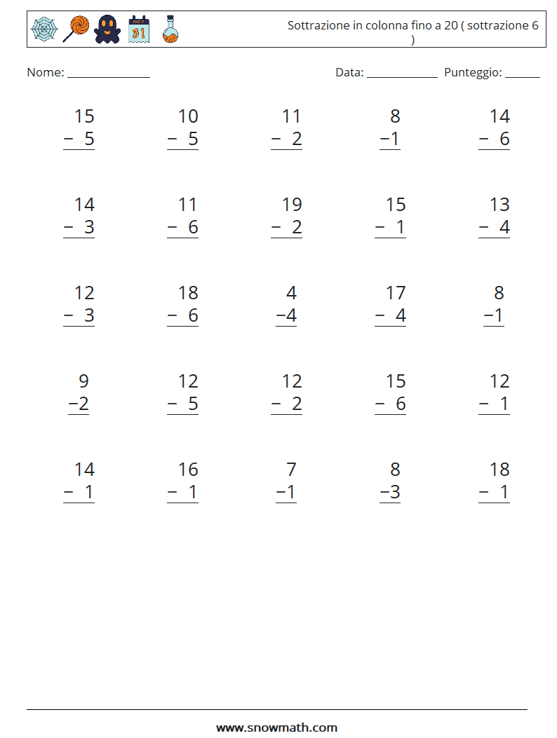 (25) Sottrazione in colonna fino a 20 ( sottrazione 6 ) Fogli di lavoro di matematica 16