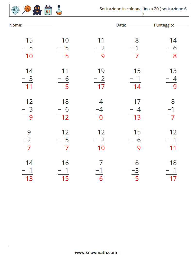(25) Sottrazione in colonna fino a 20 ( sottrazione 6 ) Fogli di lavoro di matematica 16 Domanda, Risposta