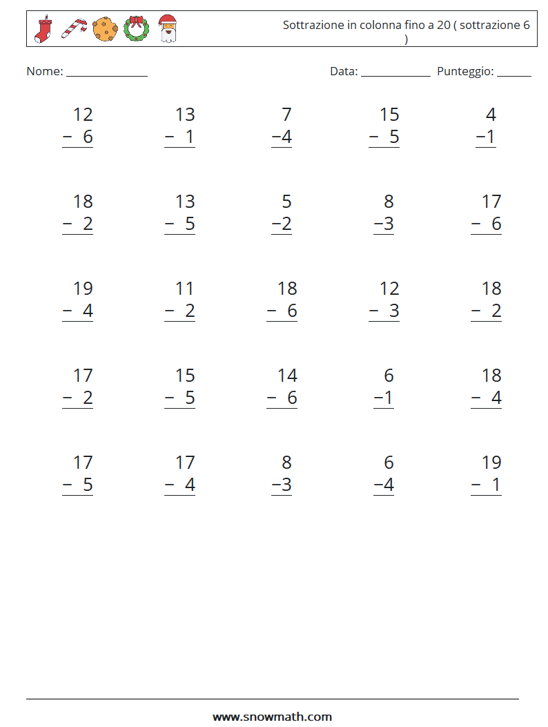 (25) Sottrazione in colonna fino a 20 ( sottrazione 6 ) Fogli di lavoro di matematica 17