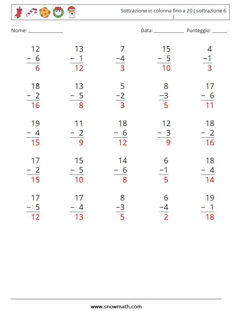 (25) Sottrazione in colonna fino a 20 ( sottrazione 6 ) Fogli di lavoro di matematica 17 Domanda, Risposta