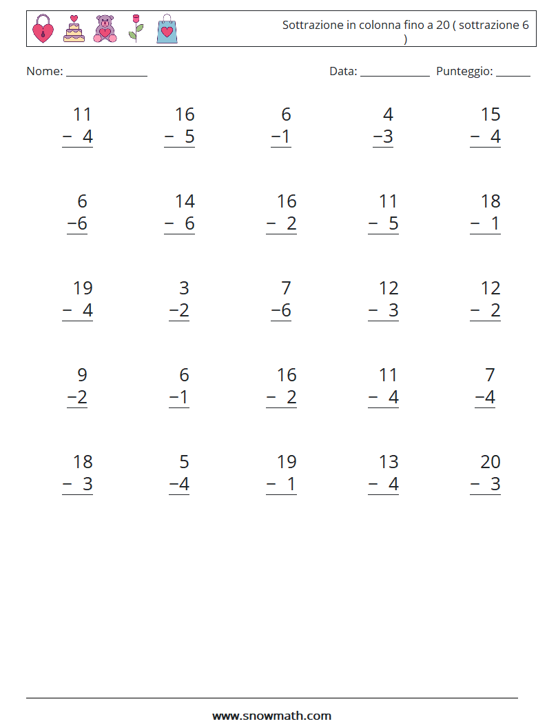 (25) Sottrazione in colonna fino a 20 ( sottrazione 6 ) Fogli di lavoro di matematica 18