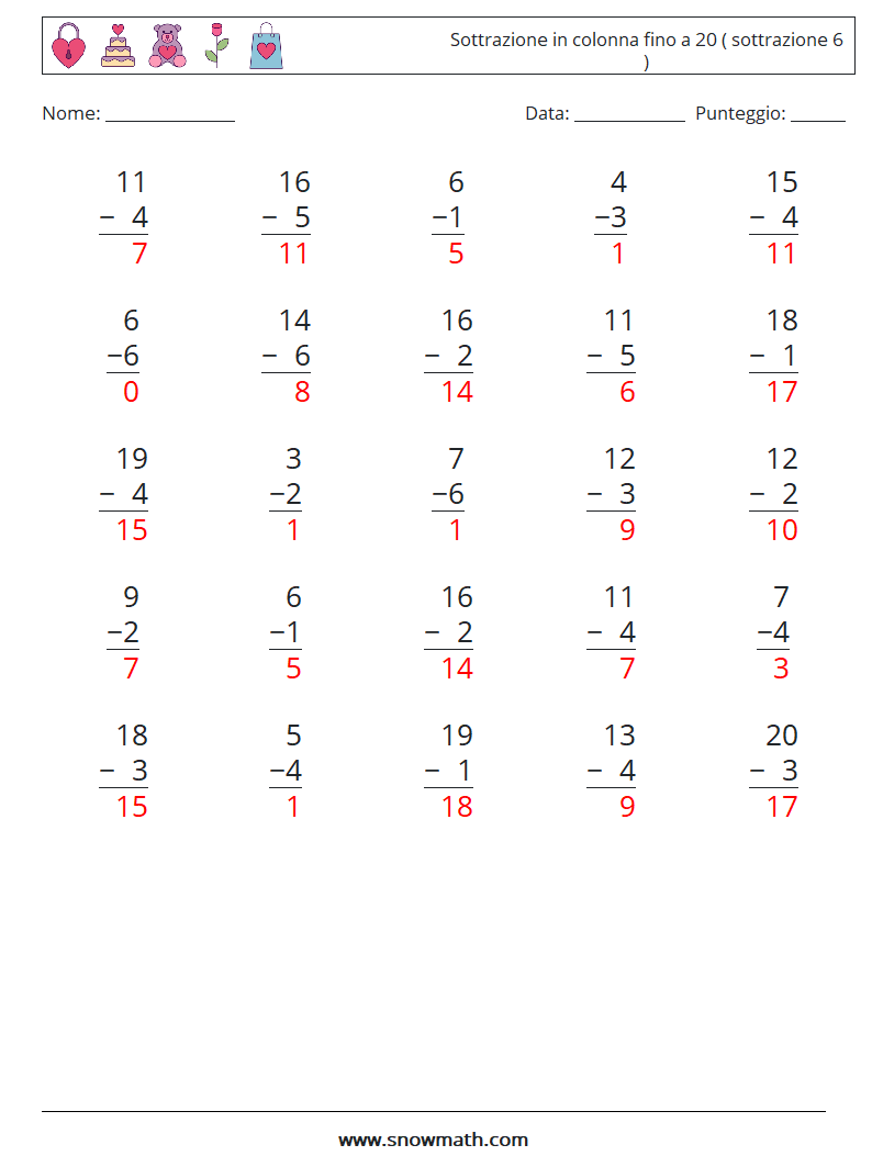 (25) Sottrazione in colonna fino a 20 ( sottrazione 6 ) Fogli di lavoro di matematica 18 Domanda, Risposta