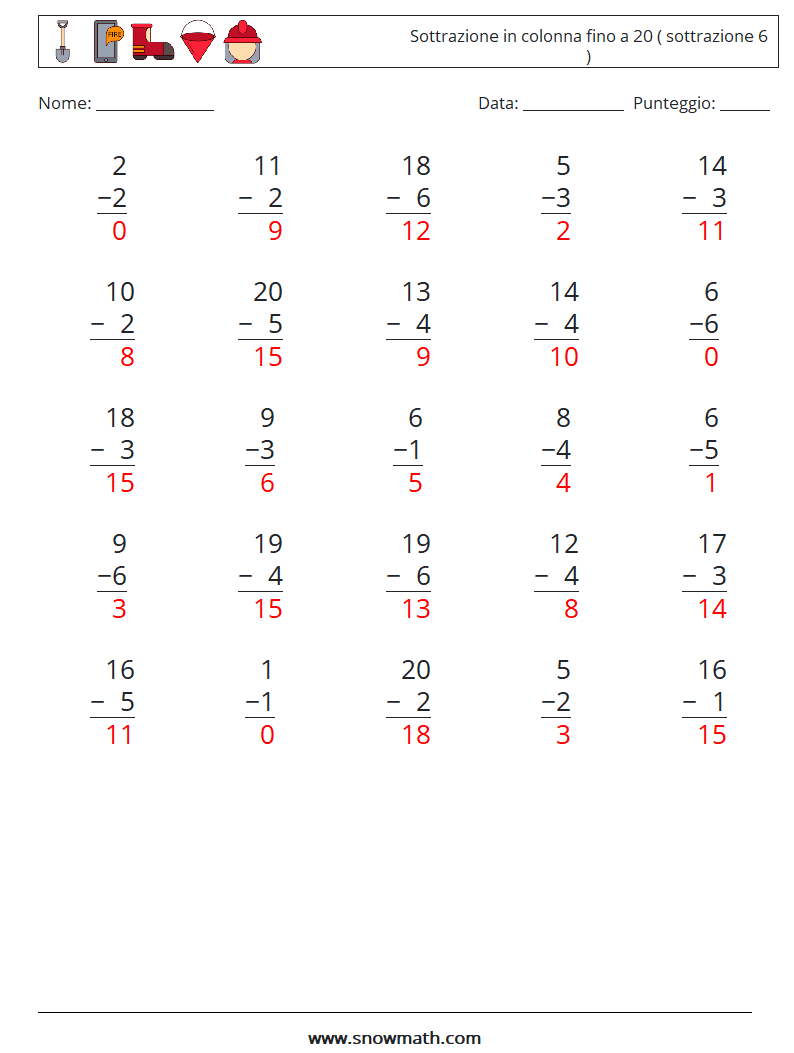 (25) Sottrazione in colonna fino a 20 ( sottrazione 6 ) Fogli di lavoro di matematica 1 Domanda, Risposta