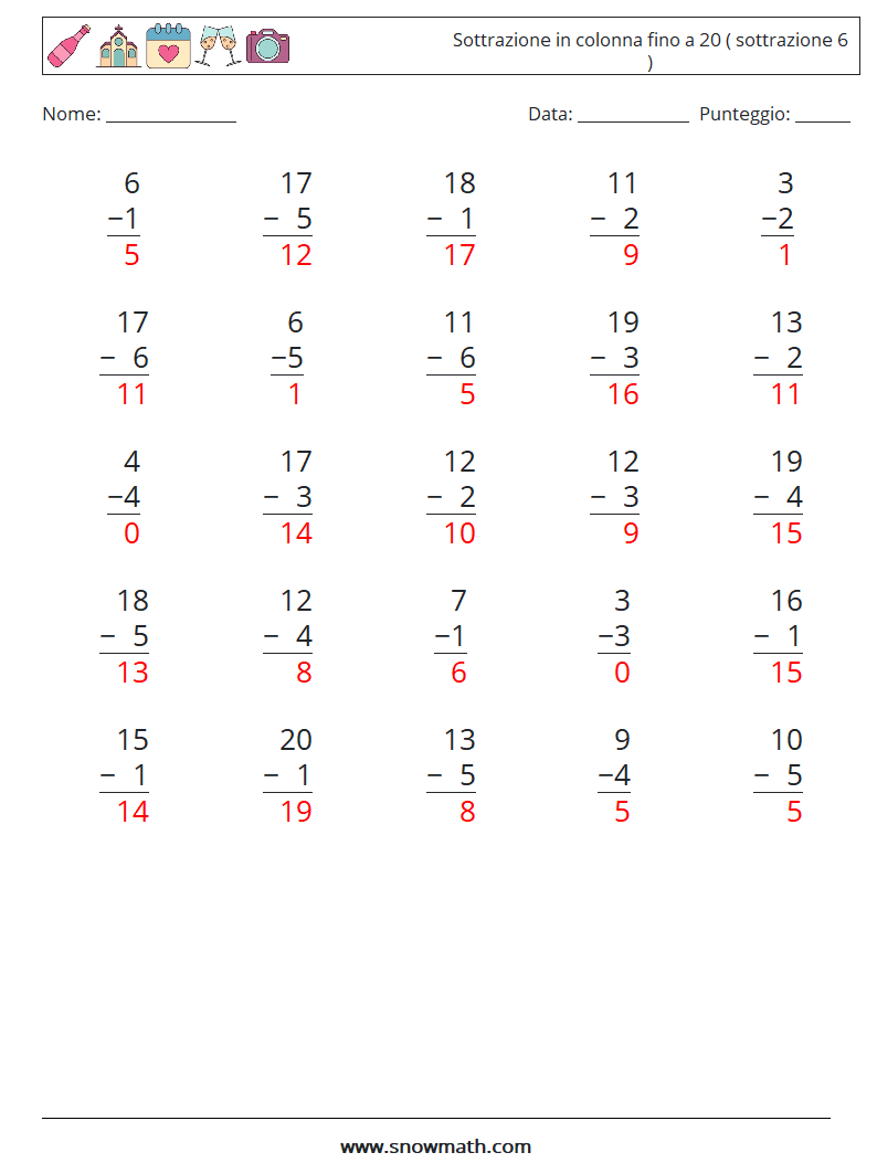 (25) Sottrazione in colonna fino a 20 ( sottrazione 6 ) Fogli di lavoro di matematica 2 Domanda, Risposta